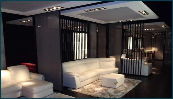Dropped ceiling and floating walls displayed in multi-showroom building.