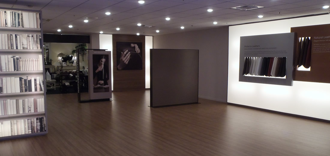 Showroom with displays, light box, and center of the room build outs.